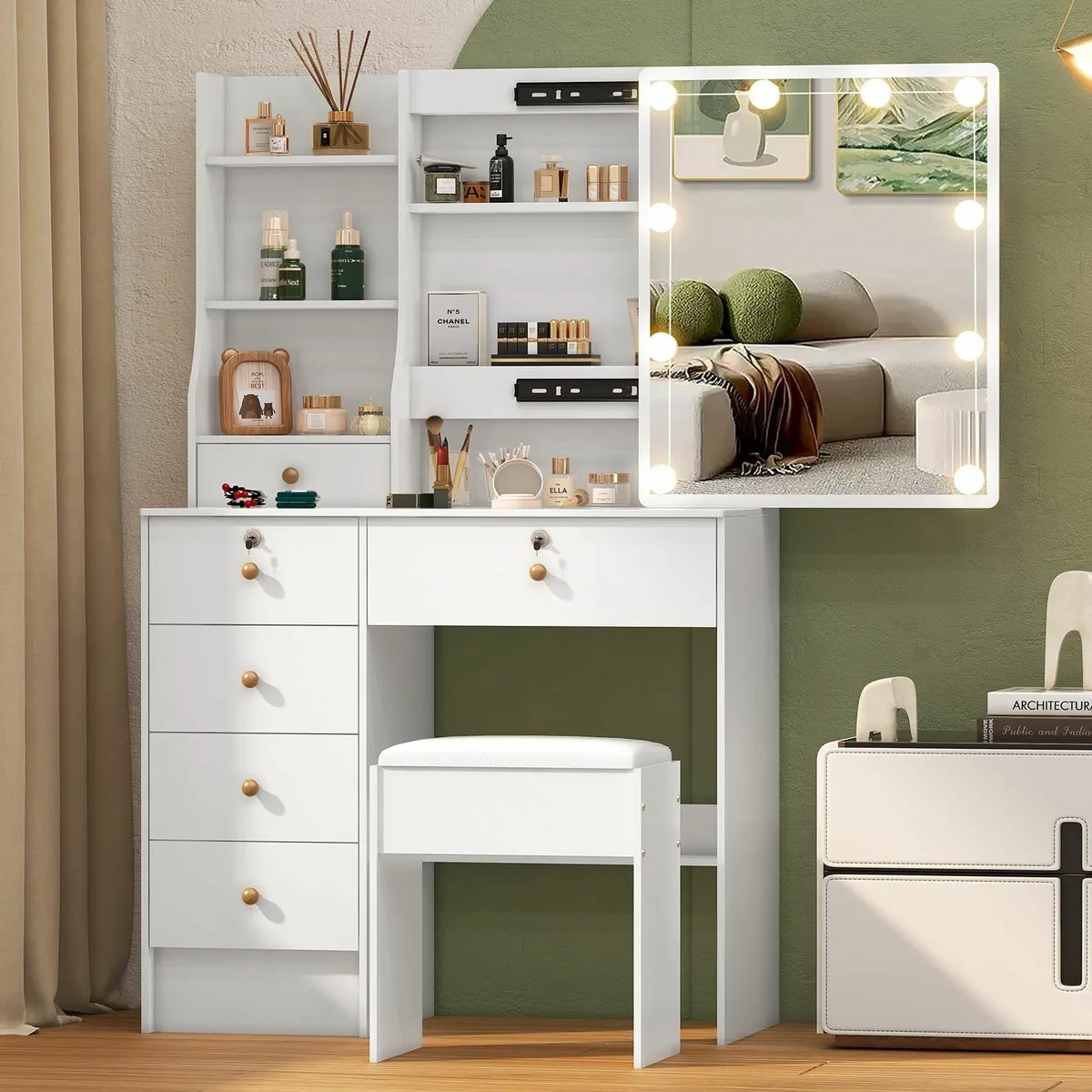 Dressing Table Sliding Mirror & Stool Vanity Desk - Image 1