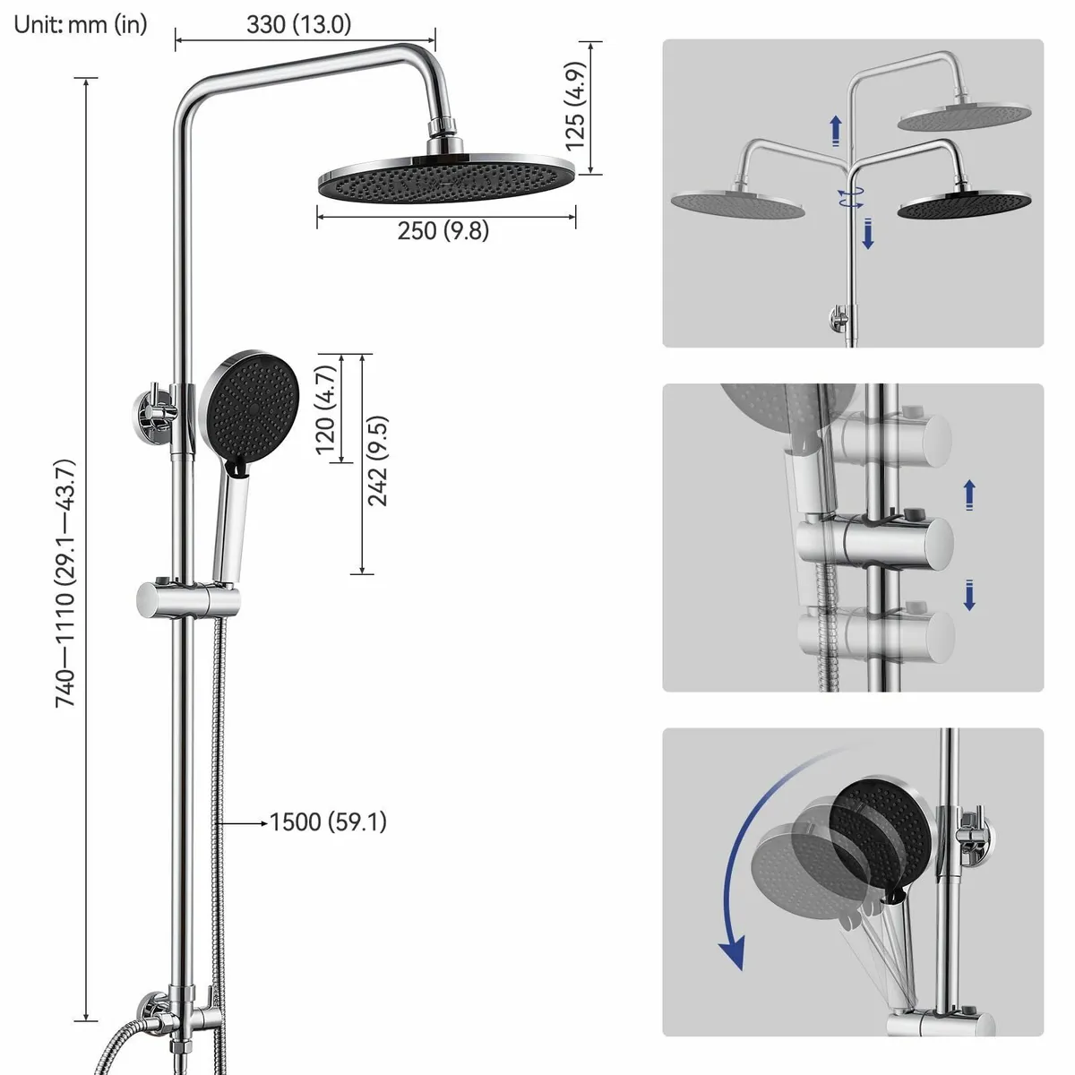 Shower Riser Kit 10 Round Rainfall Head 4 Spray Mo - Image 2