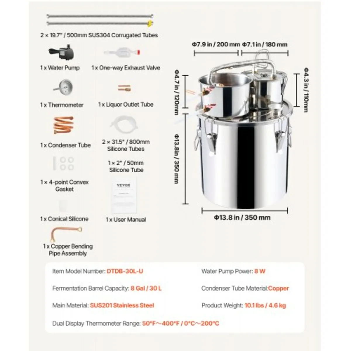 Alcohol Still, 8 Gal / 30 L Stainless Steel Water - Image 3