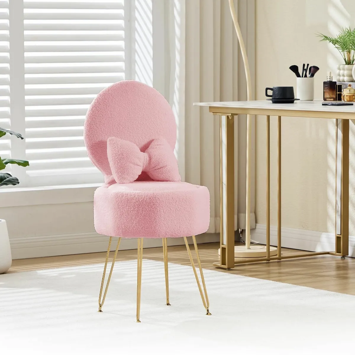 Vanity Chair Stroage Space and Metal Legs Comfy Dr - Image 1