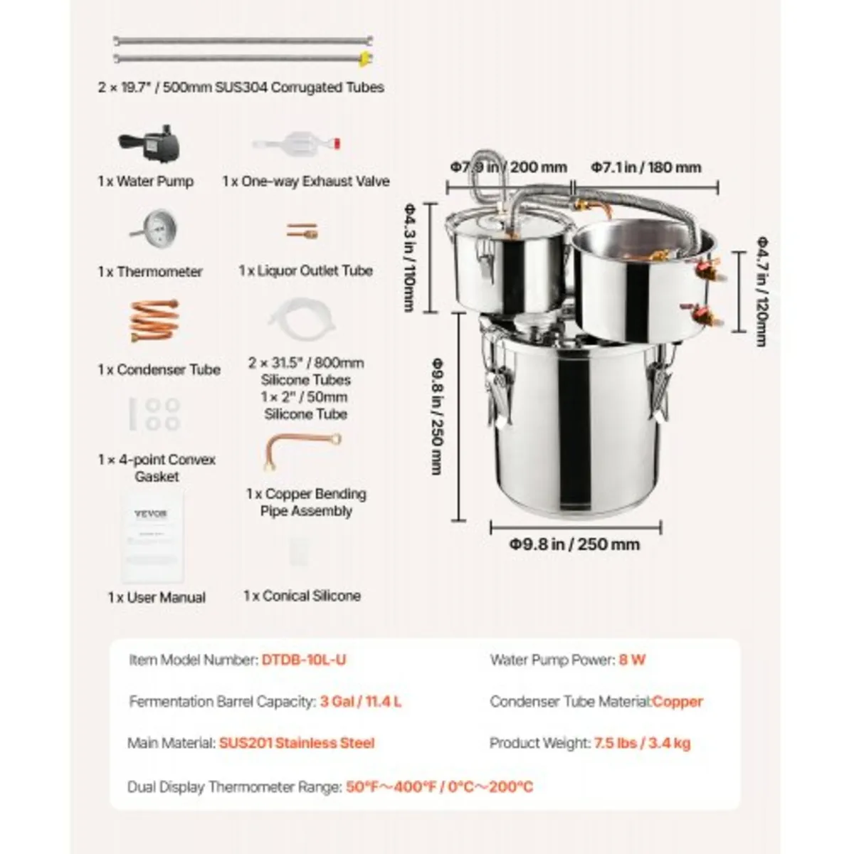 Alcohol Still, 3 Gal / 11.4 L Stainless Steel Wate - Image 4