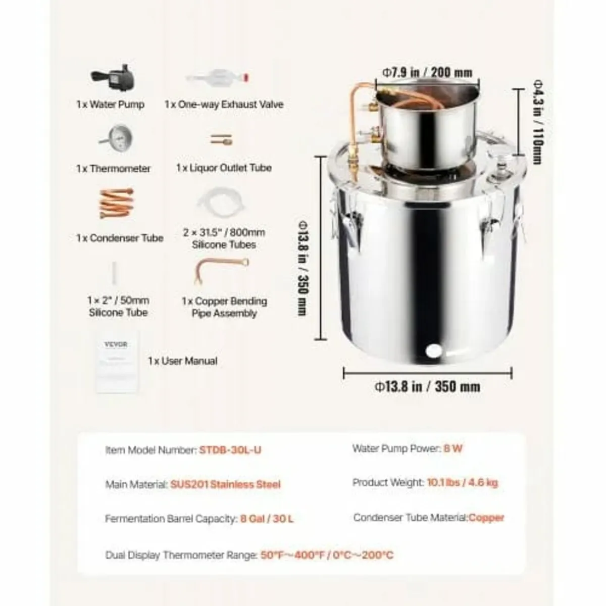 Alcohol Still, 8 Gal / 30 L Stainless Steel Water - Image 3