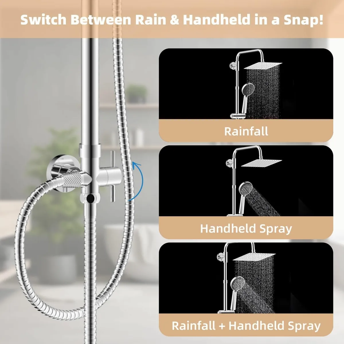 All Metal Rainfall Shower Set 3 Modes Handheld Hea - Image 4