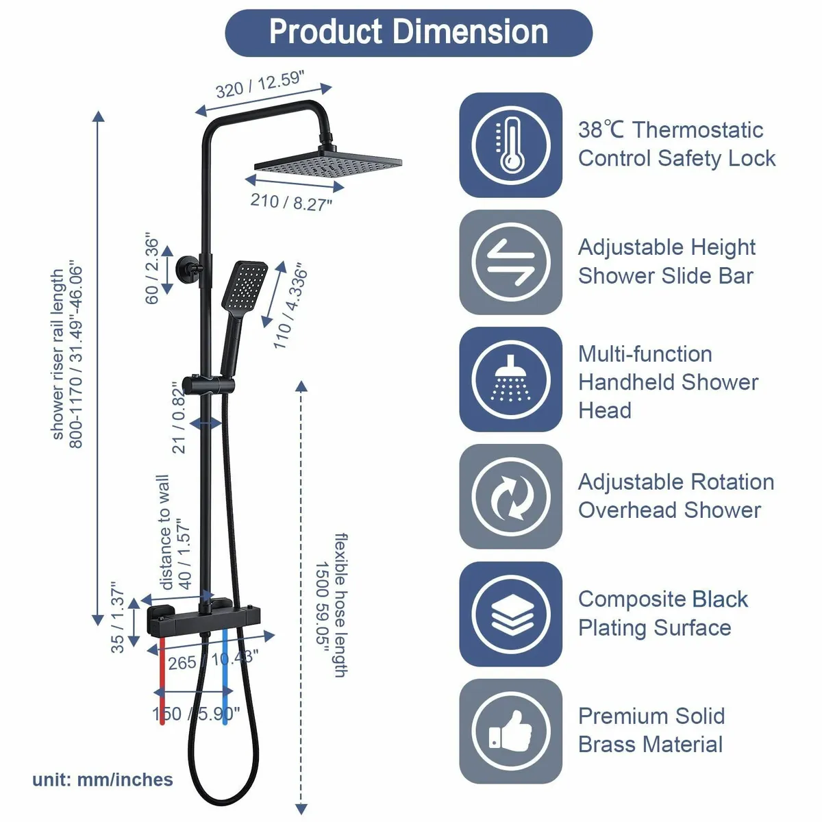 Thermostatic Shower Mixer Set Matte Black Square 3 - Image 3