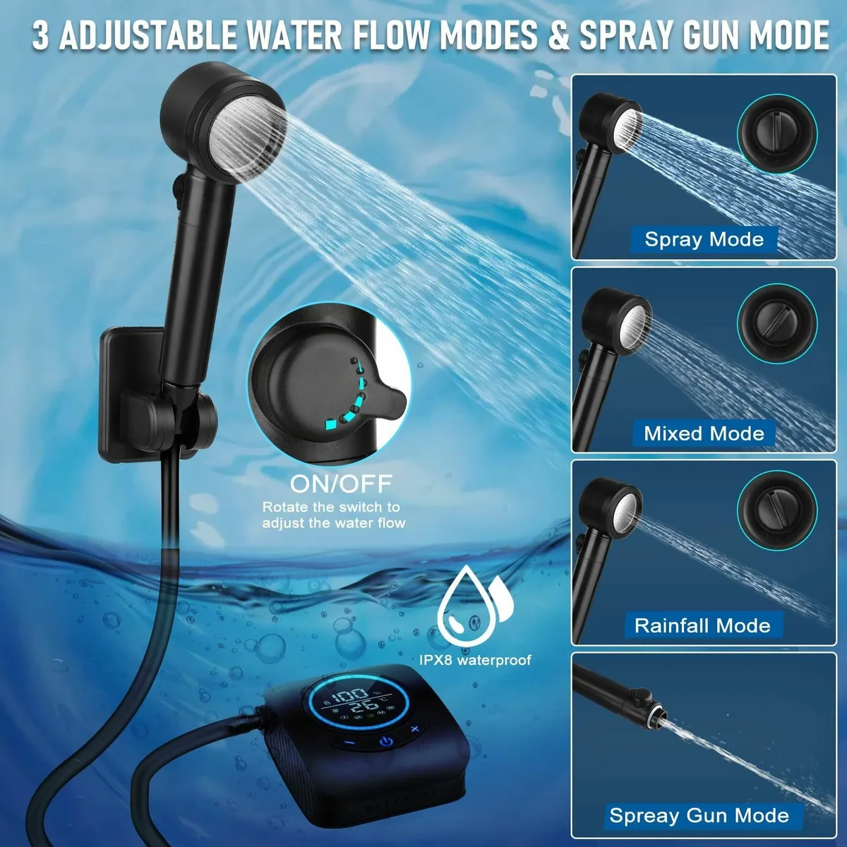 Camping Shower 8000mAh Rechargeable Portable for L - Image 4