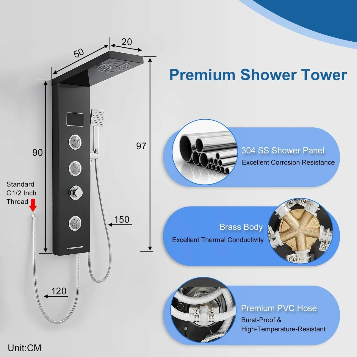 Tower Shower Panel LED Temperature Display Black S - Image 2