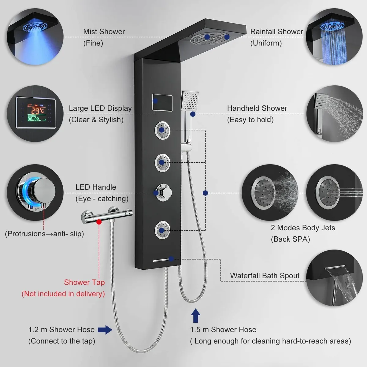 Tower Shower Panel LED Temperature Display Black S - Image 4