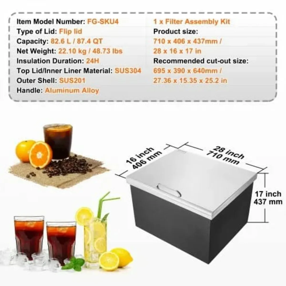 Drop in Ice Chest, 28"L x 16"W x 17"H Stainless St - Image 2