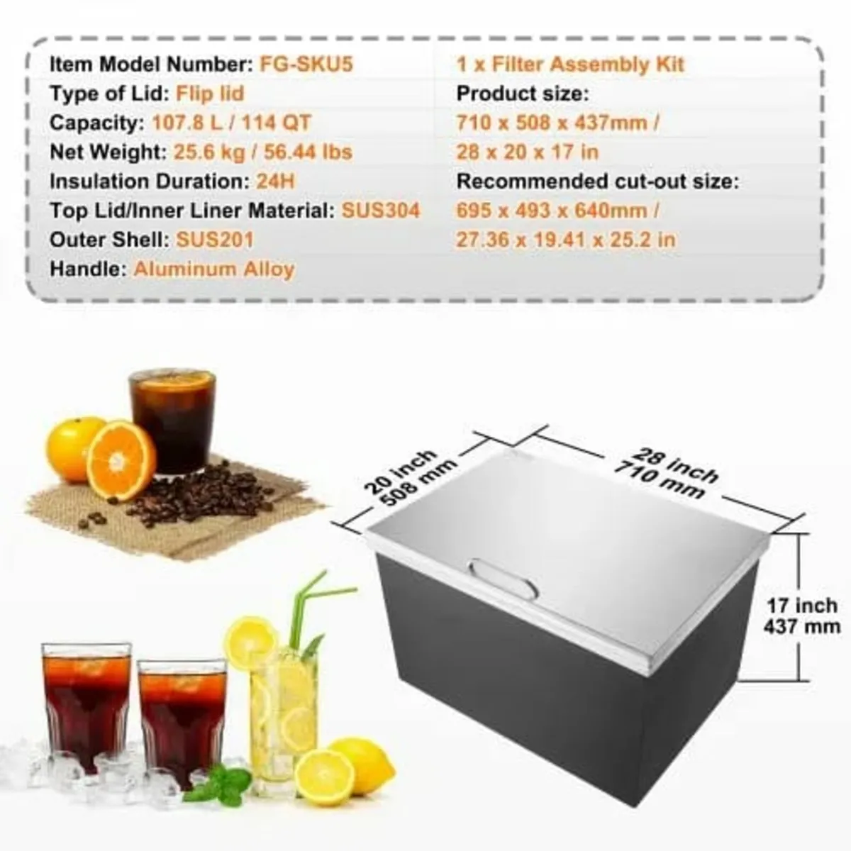 Drop in Ice Chest, 28"L x 20"W x 17"H Stainless St - Image 4