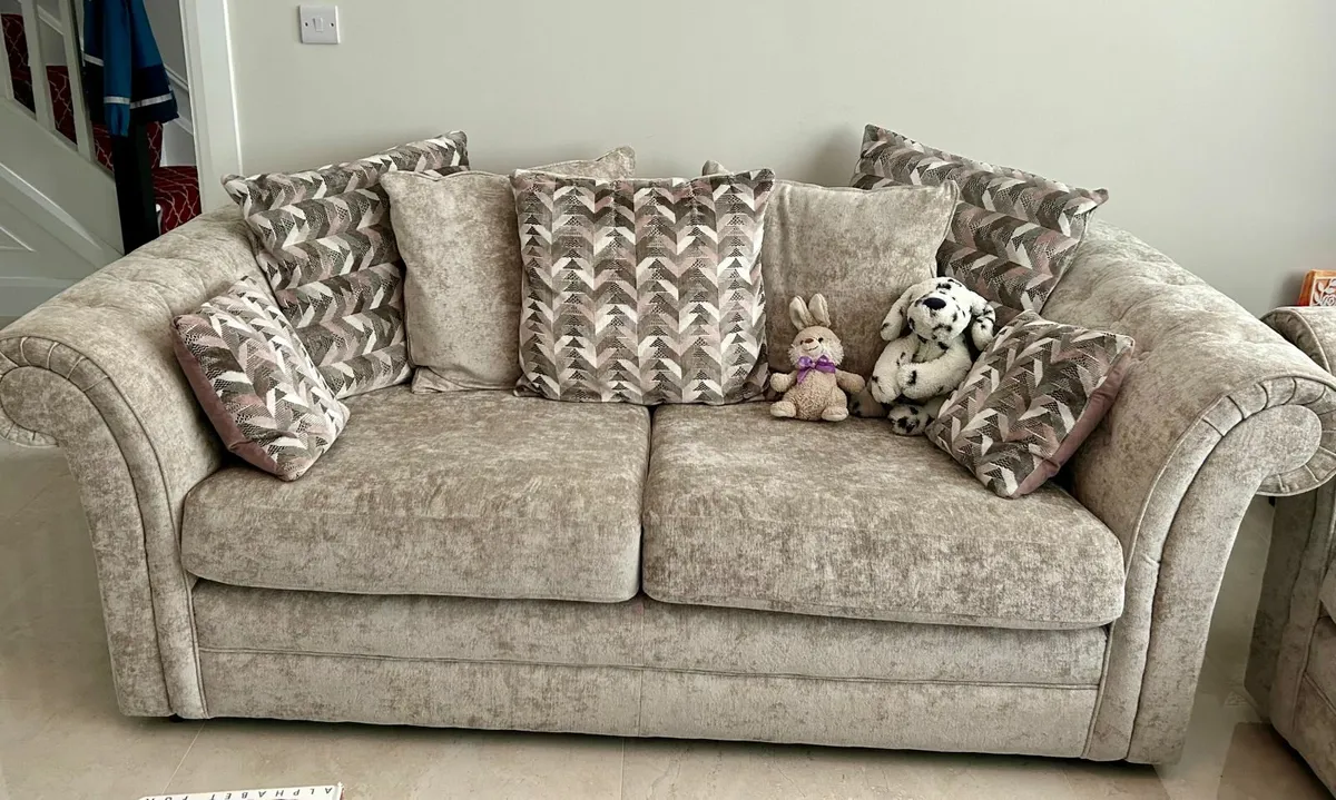 Harvey Norman Beige Pillow-Back Sofa Set (3+2) - Image 1