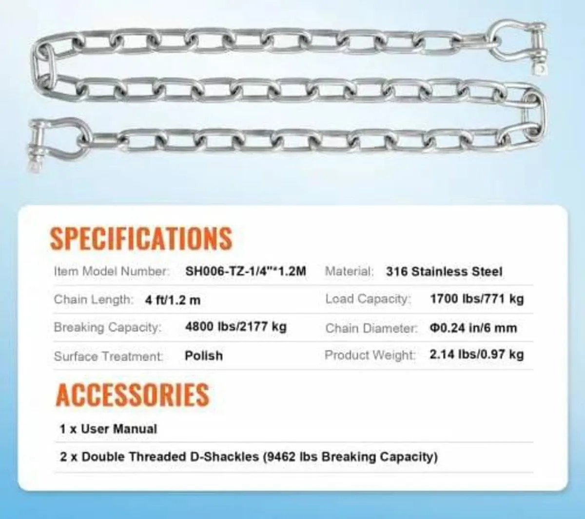 Boat Anchor Chain, 1/4" x 4', 1700 lbs. WLL/4800 l - Image 2