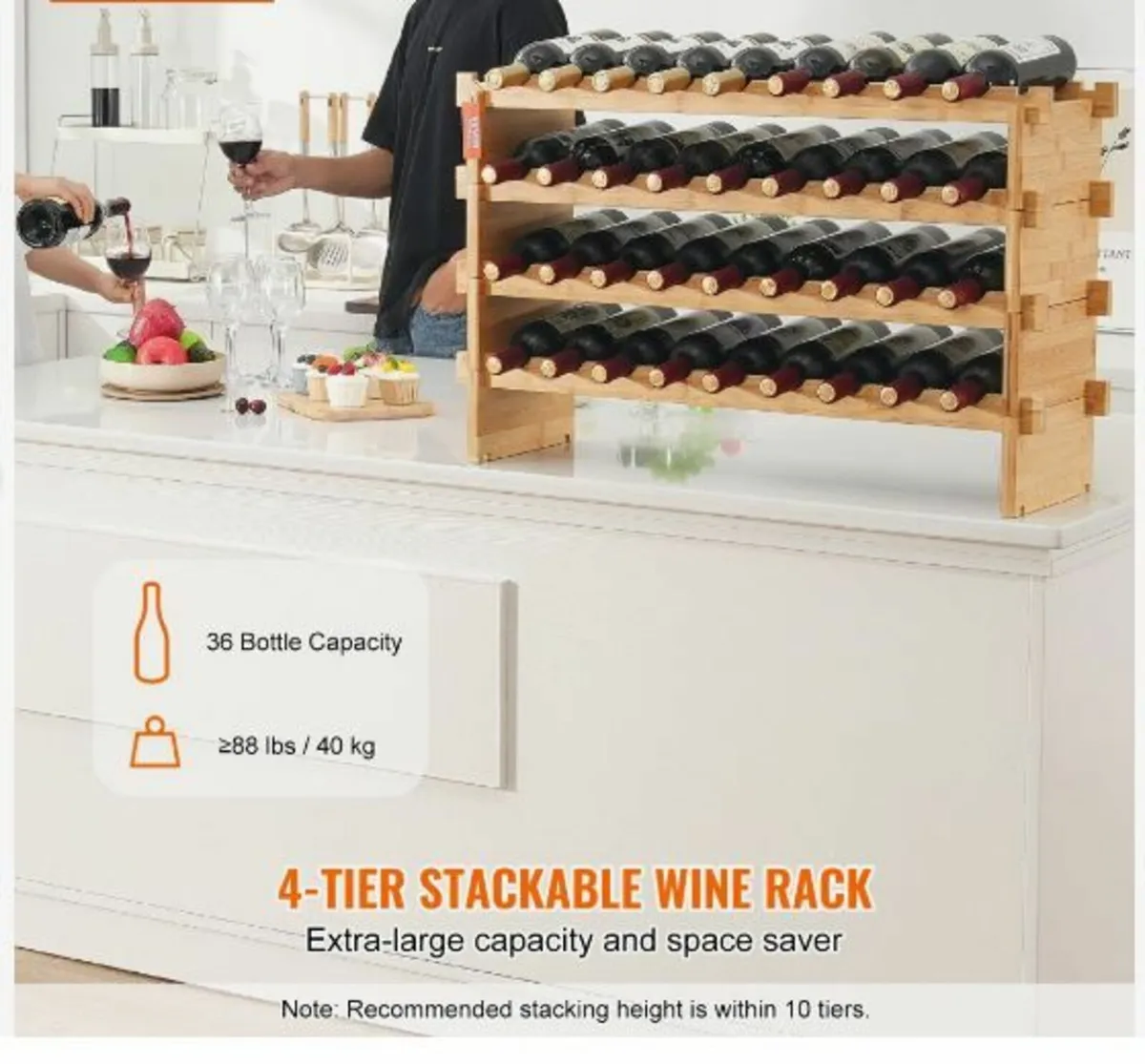 36 Bottle Stackable Modular Wine Rack, 4-Tier - Image 3