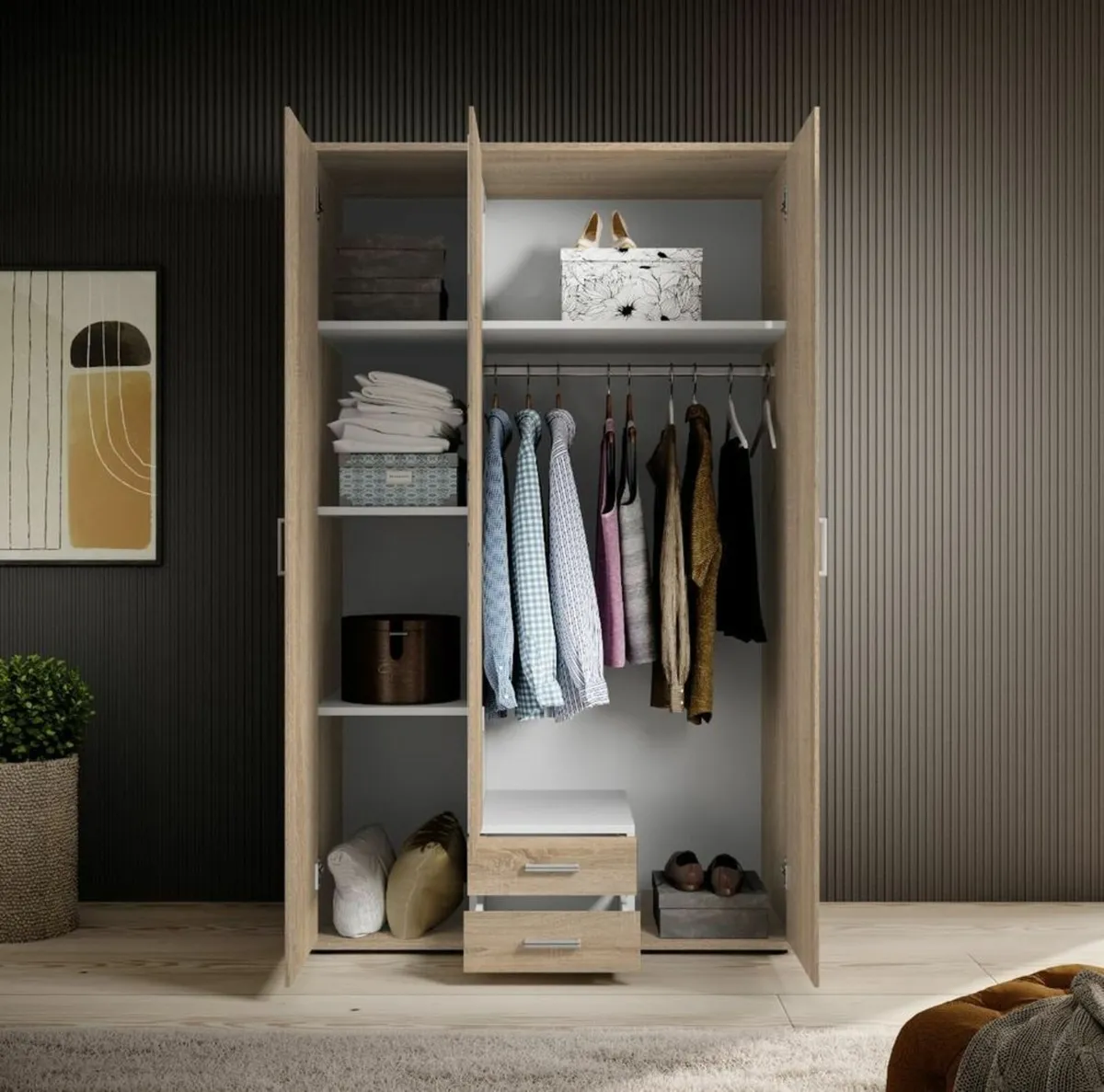 Premium 3-Door Wardrobe with Mirror & Drawers - Image 2
