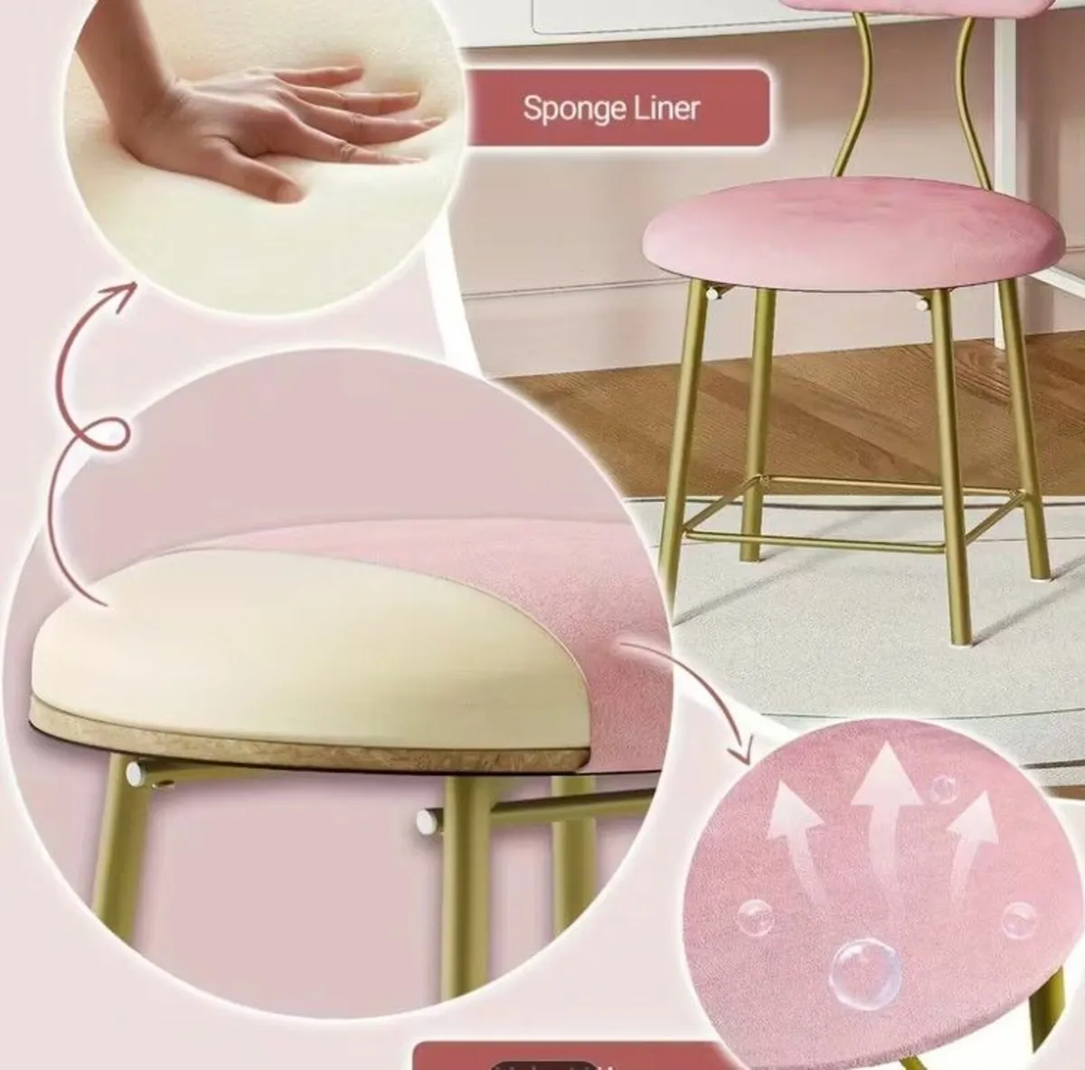 Dressing Table Chair Vanity Chair Pink Stool - Image 3