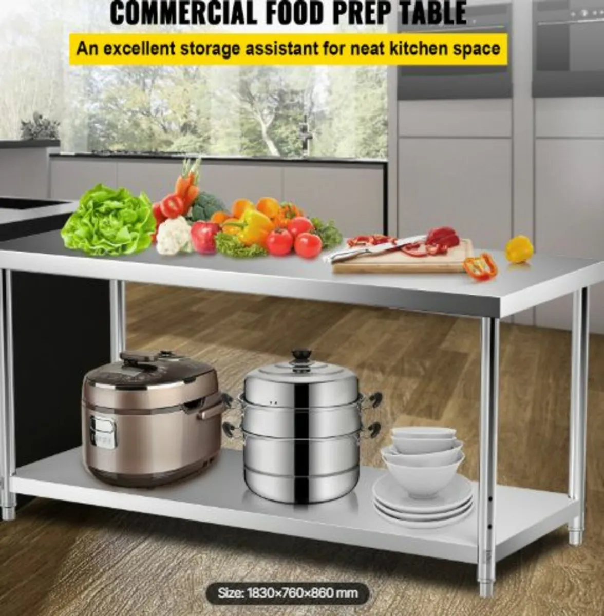 Stainless Steel Prep Table, 182.9 x 76.2 x 86.4 cm - Image 2