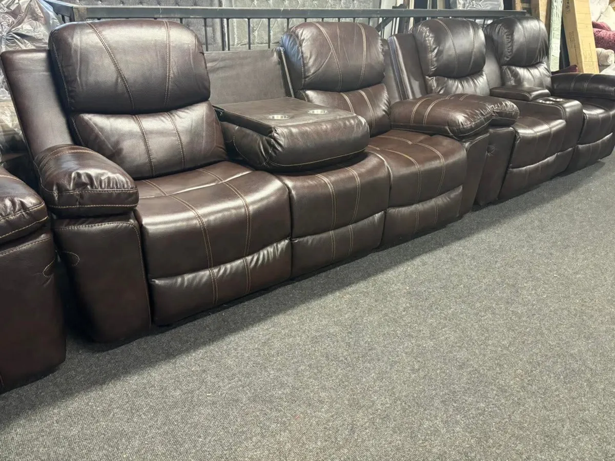 3+2 Brown Leather Recliner Sofa With Consoles - Image 3