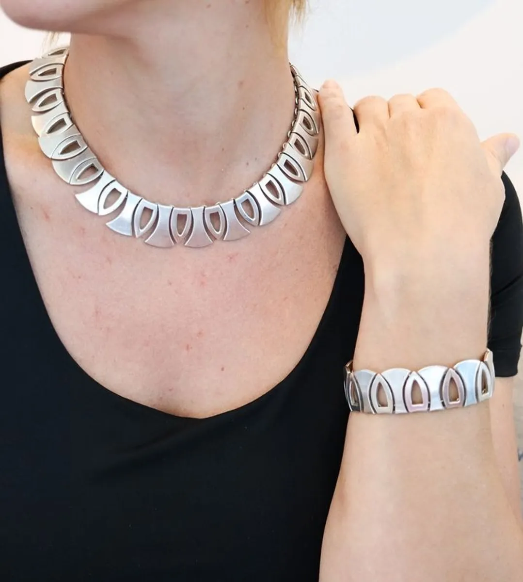 Vintage Taxco Sterling Silver Set Necklace, Bracel - Image 1