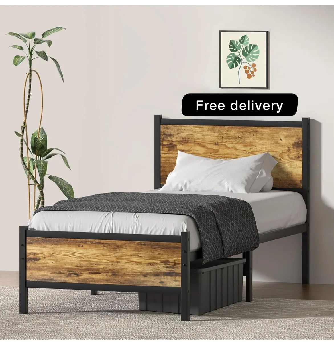 Bed Frame with Wooden Headboard and Footboard - Image 1