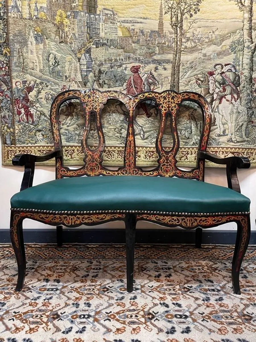 Decorative Boulle Style Lacquered Wood Settee - Image 1