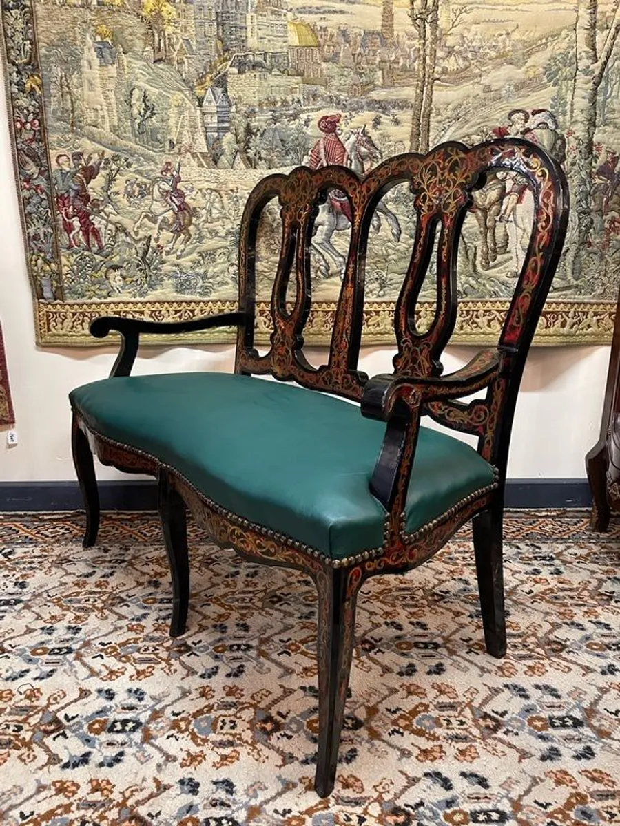 Decorative Boulle Style Lacquered Wood Settee - Image 2