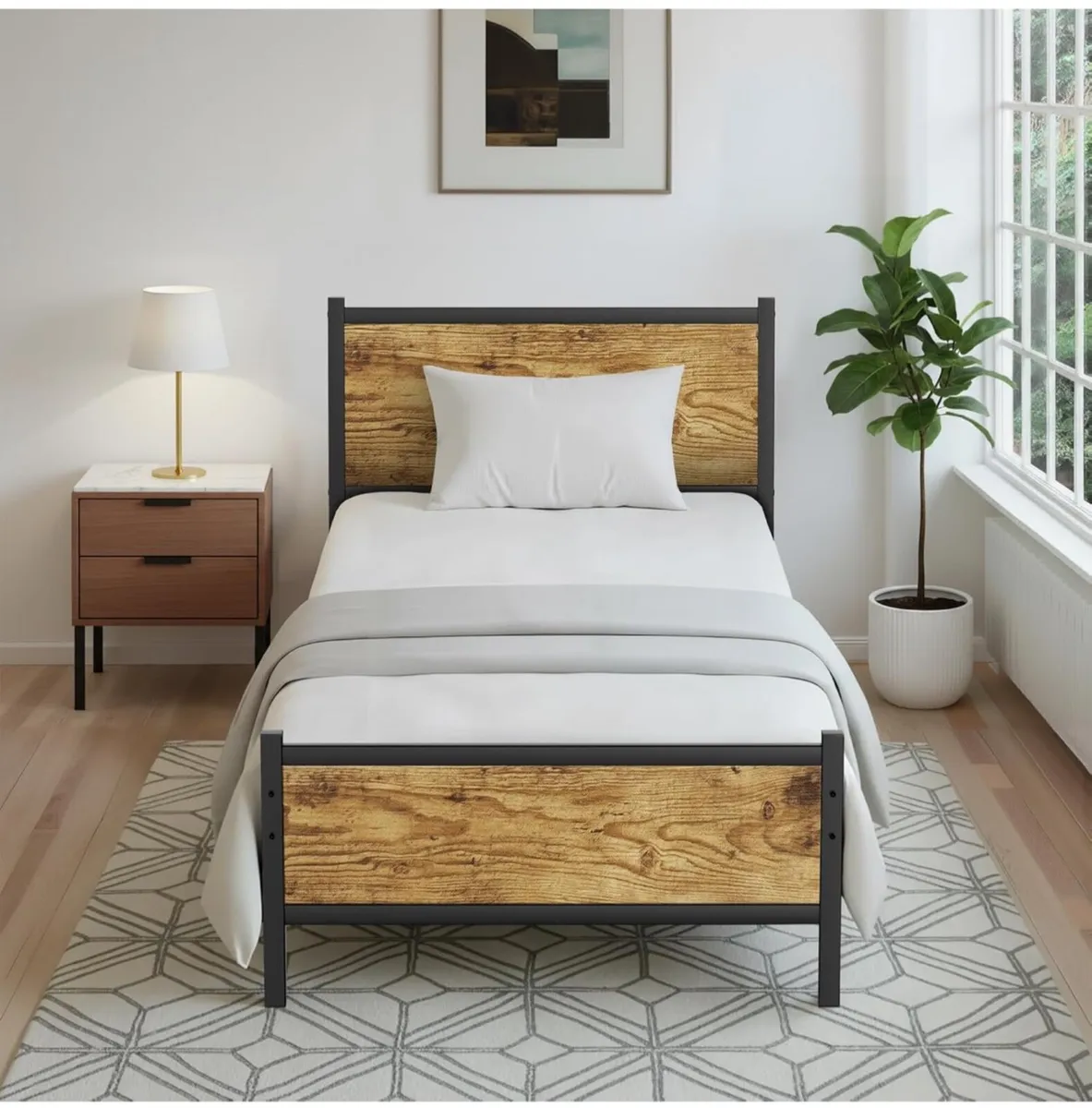 Bed Frame with Wooden Headboard and Footboard - Image 1