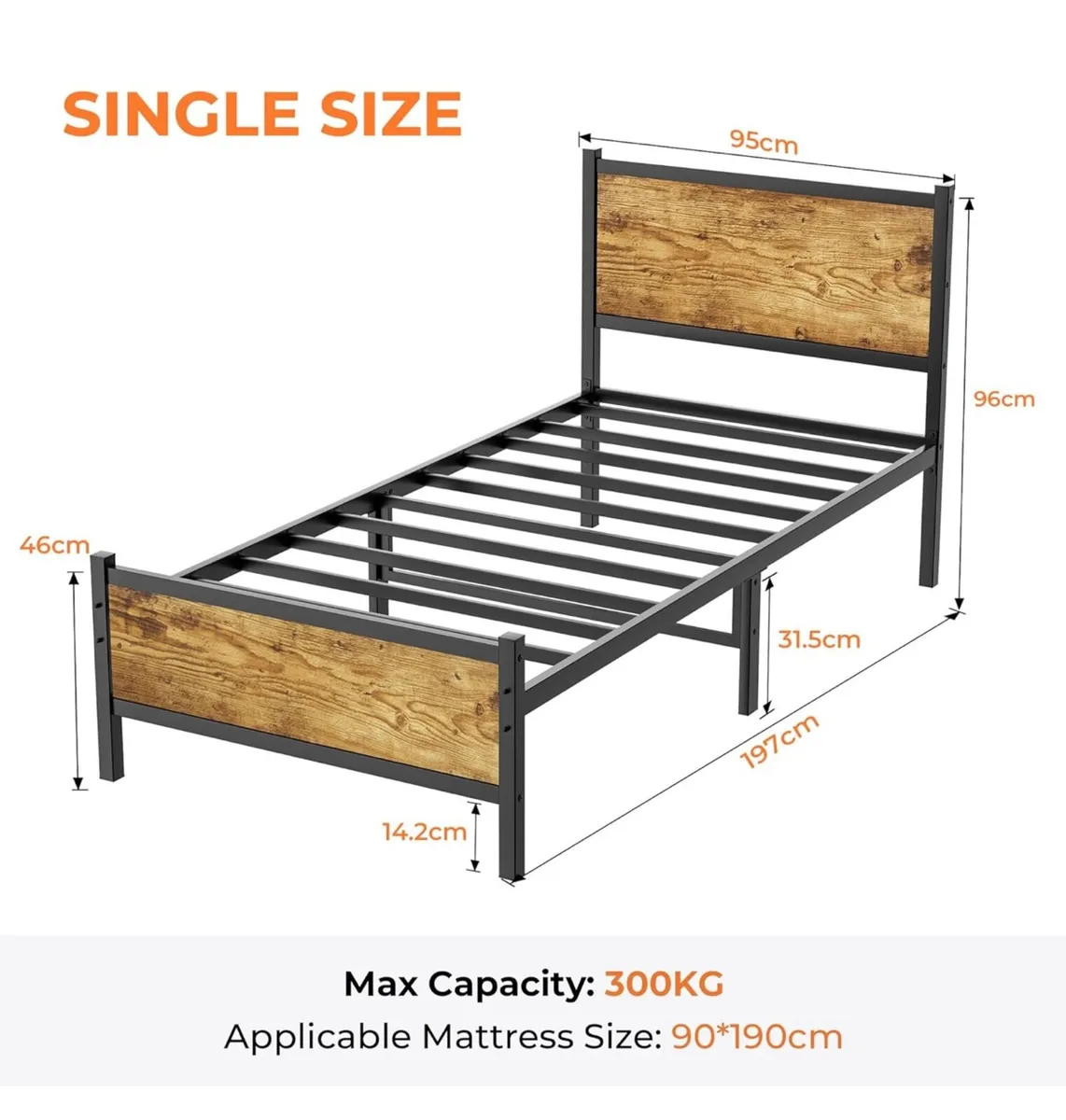 Bed Frame with Wooden Headboard and Footboard - Image 3