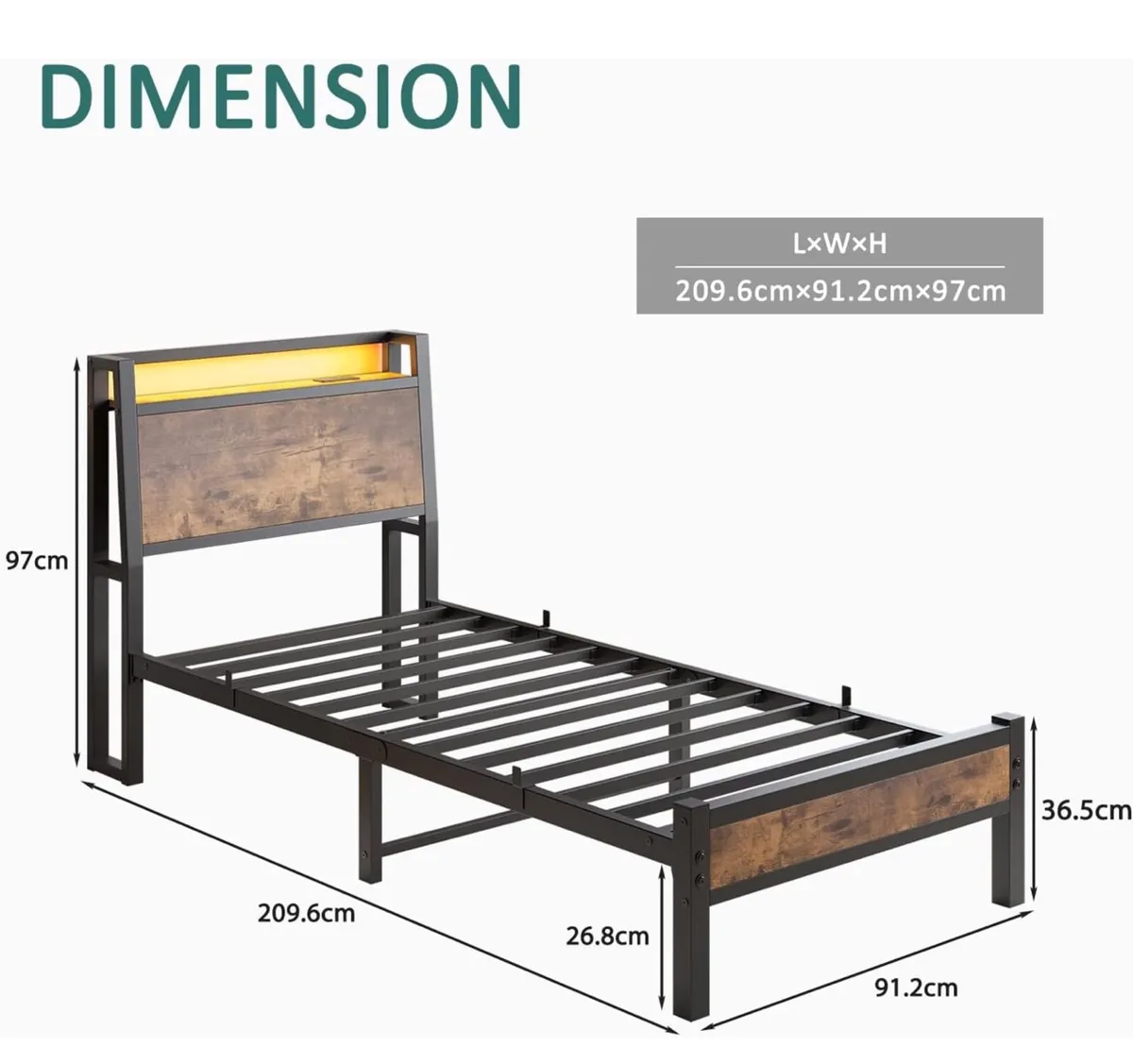 3ft Single Bed Frame with Charging Station and LED - Image 2