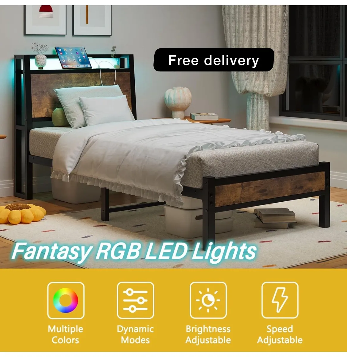 3ft Single Bed Frame with Charging Station and LED - Image 1