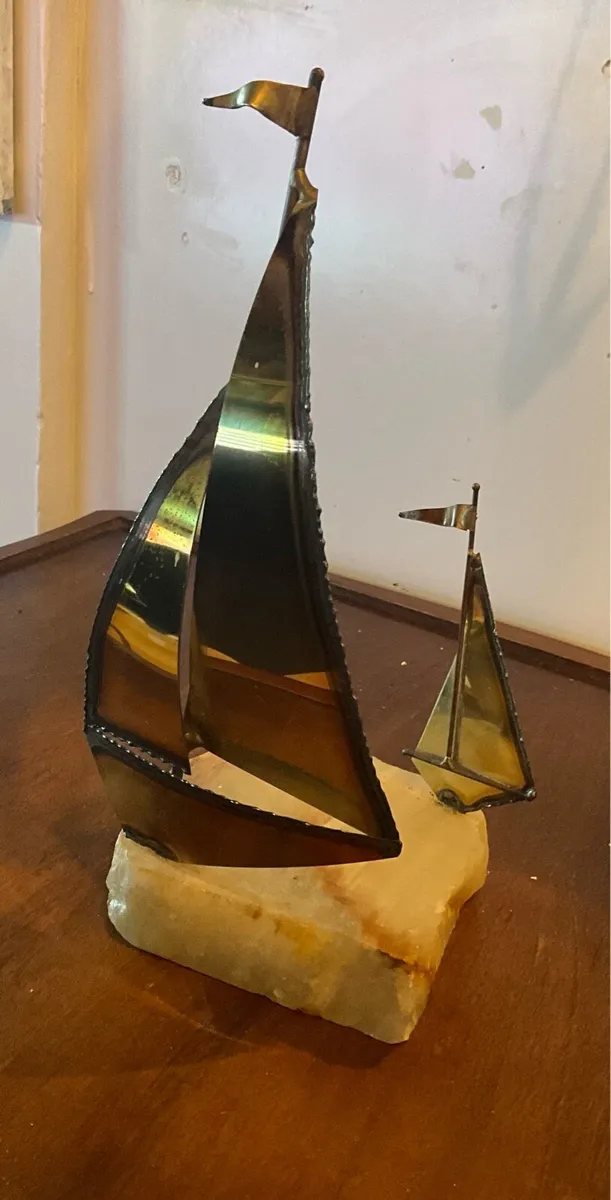 Sail Boat.Nautical Metal Art Brass on Onyx Stone B - Image 1