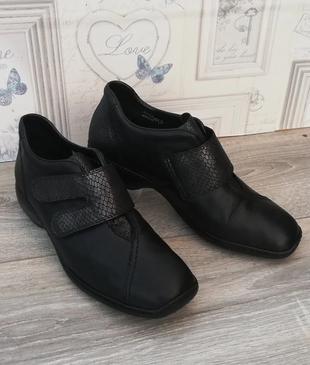 Ladies Rieker antistress black leather wedge shoe - Image 1