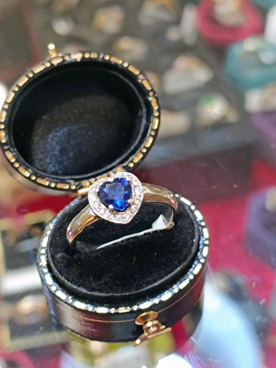 Sapphire & Diamond Heart ,14k White Gold Ring - Image 1
