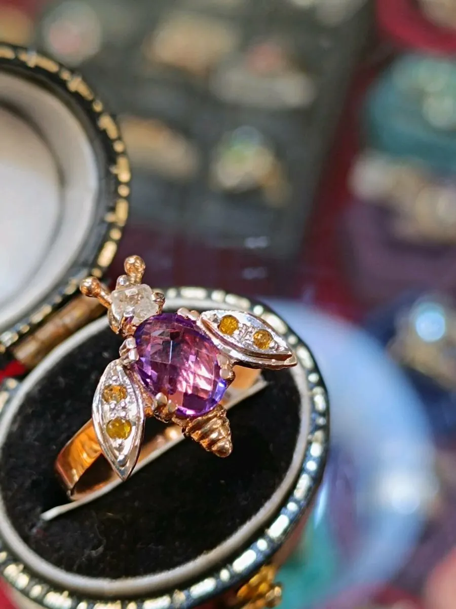 Amethyst & Diamond, 9k Rose Gold Bee Ring - Image 1