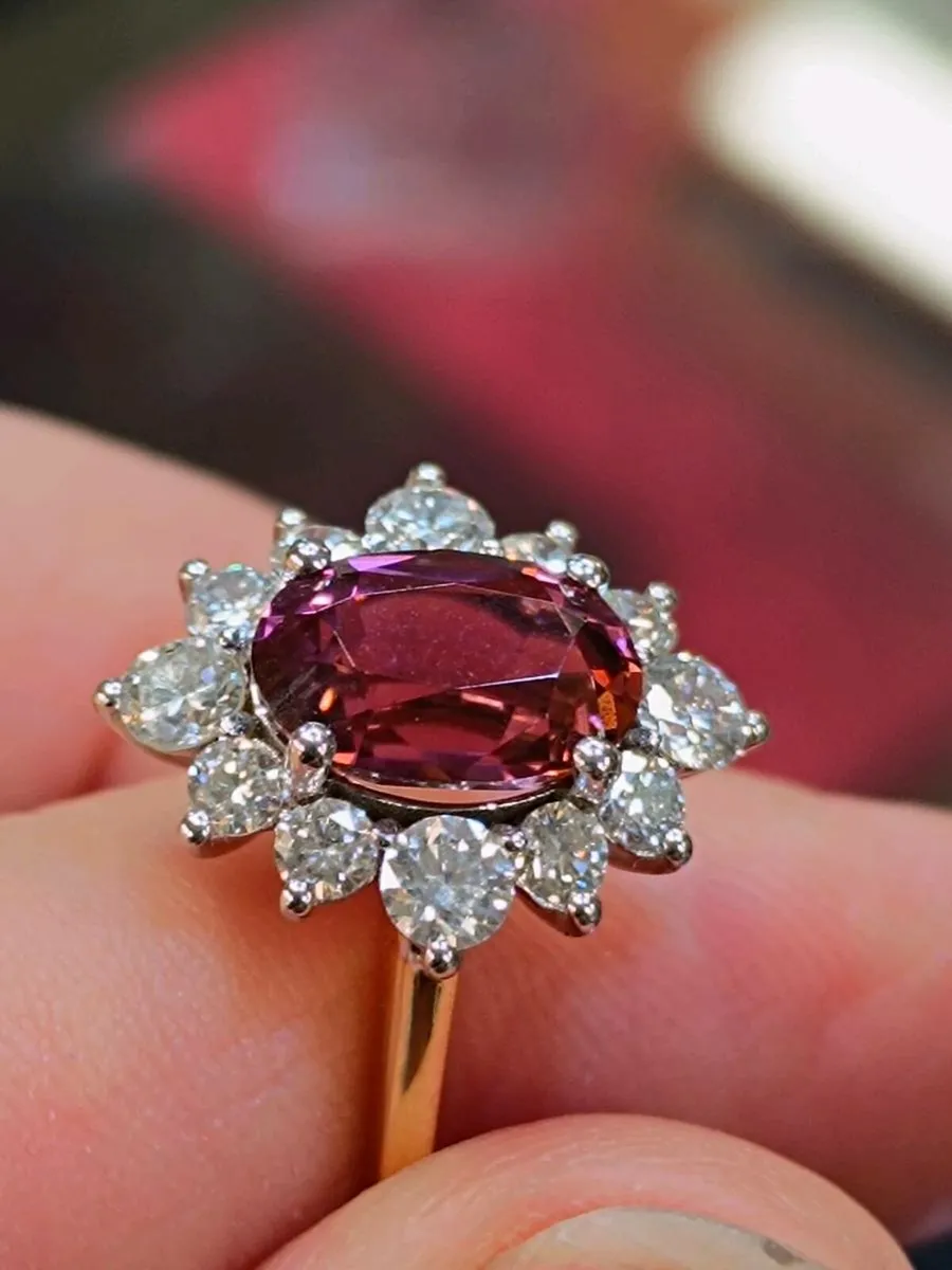 Pink Tourmaline & Diamond Ring ,18k Yellow Gold - Image 2