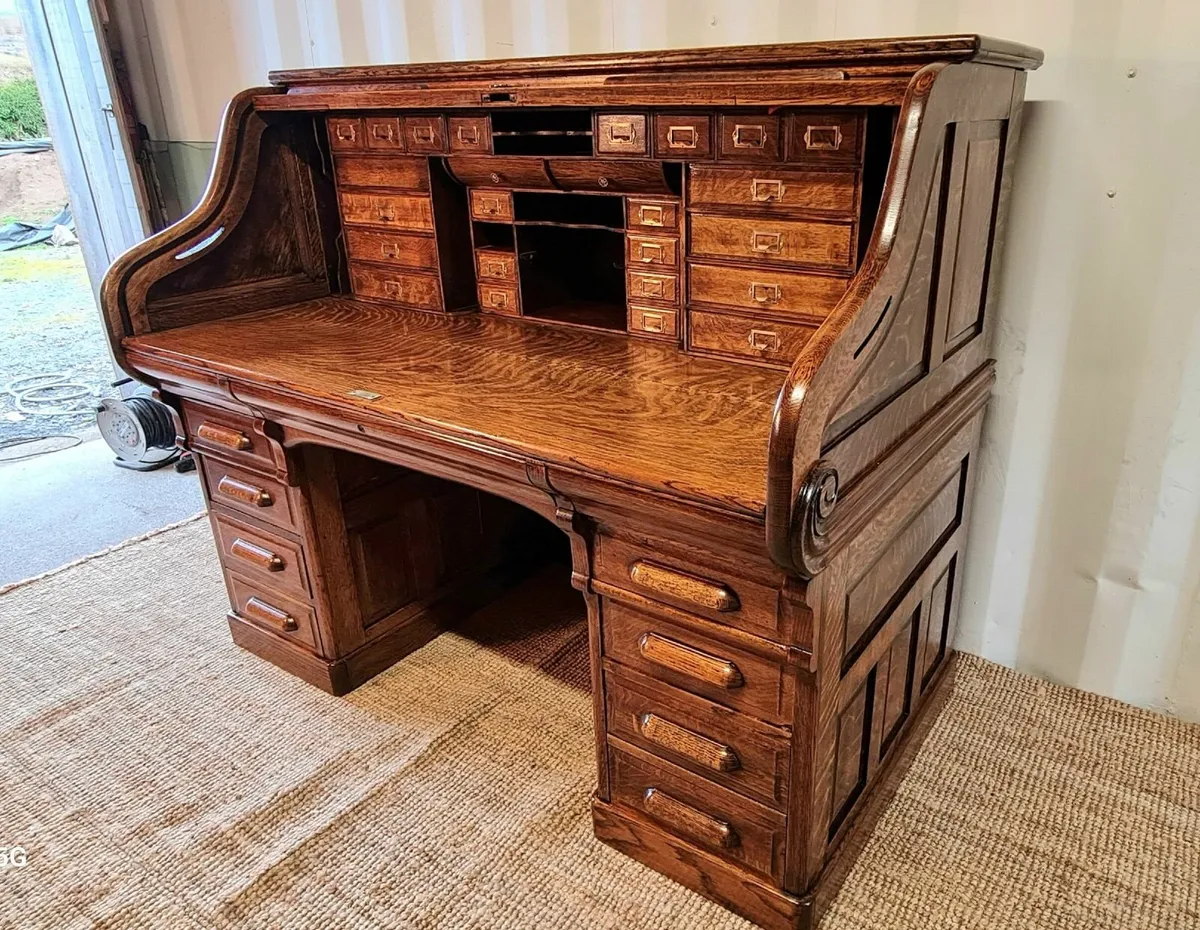 Antique Tiger Oak Roll Top Desk/ Fly Tying Desk - Image 2