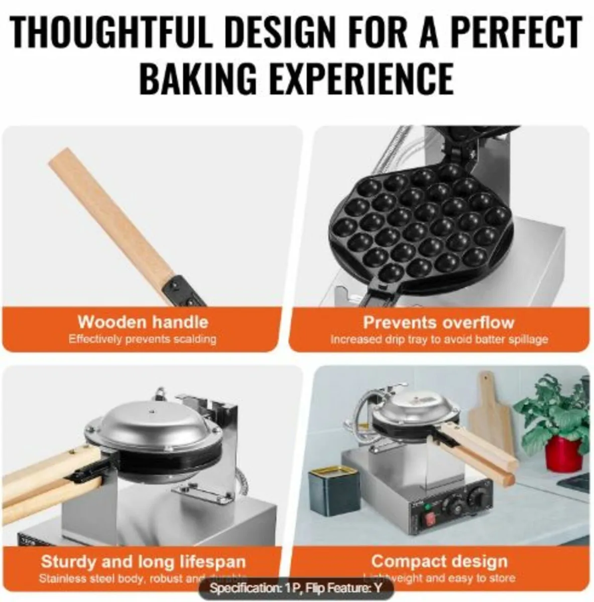 Commercial Bubble Waffle Maker, 1400W Egg Pancake - Image 2
