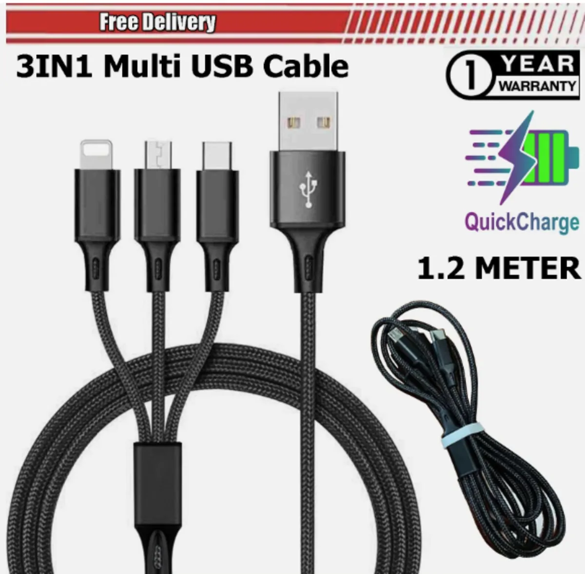 3in1 phone charger cable 1.2 metres.3 colours - Image 1