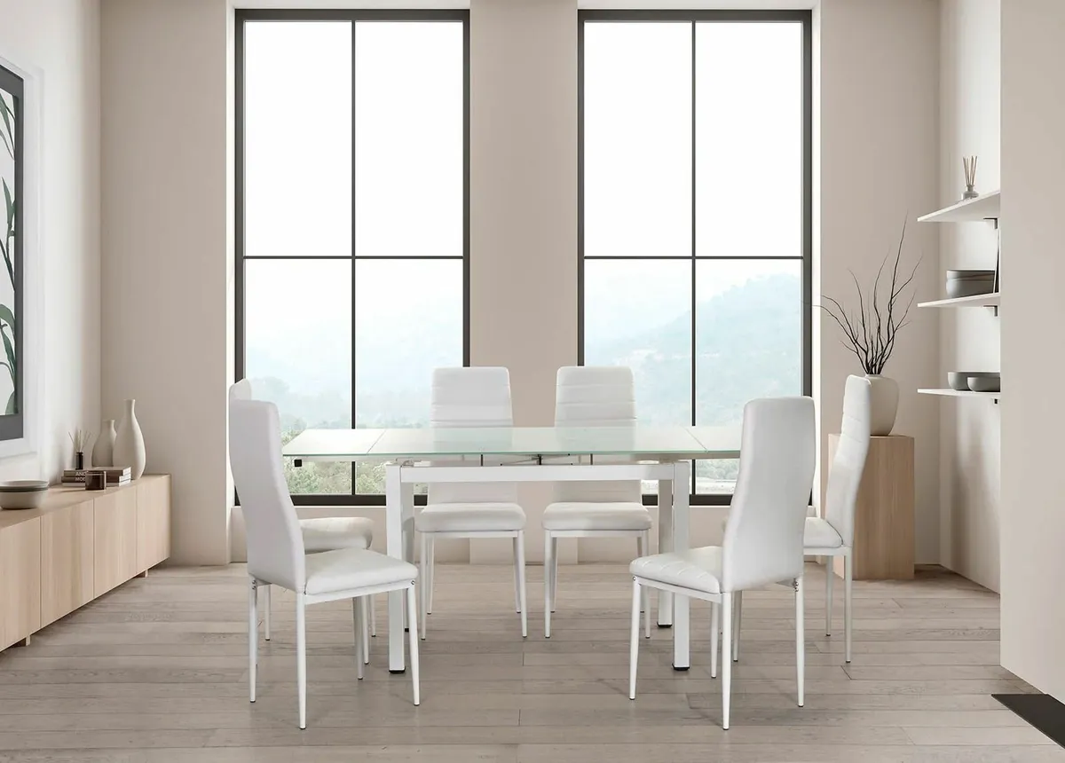 Extendable Glass Dining Table Set 6 chairs White - Image 2