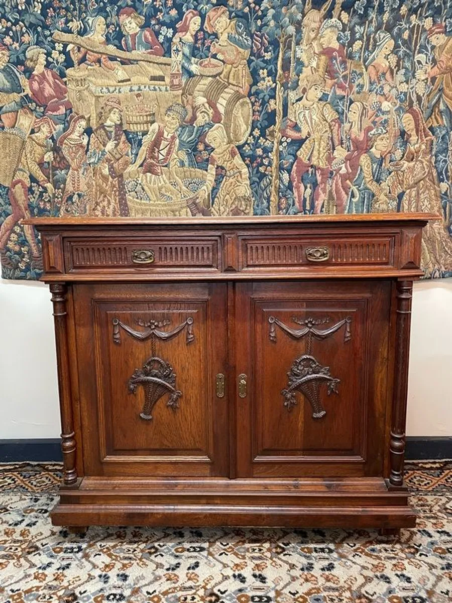Antique French Henri II Style Oak Carved Buffet with Swags & Cornucopia Detail - Image 1