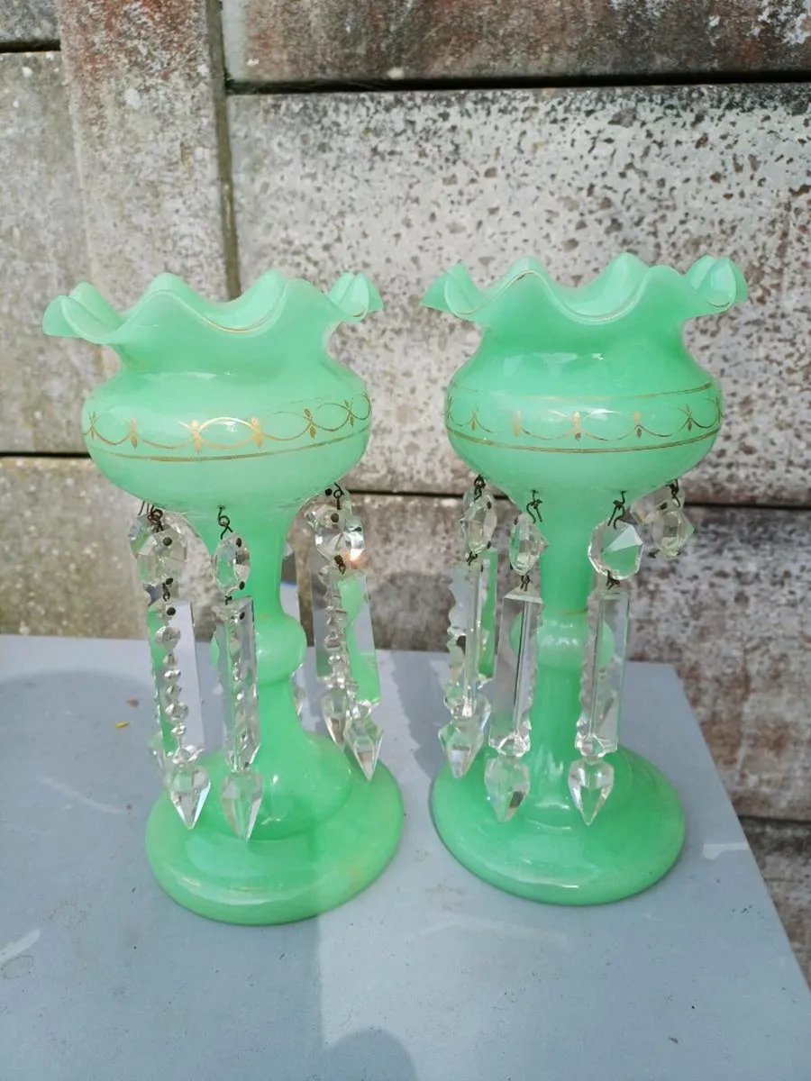 Victorian Green Uranium Glass Lustre Vases  - Image 1