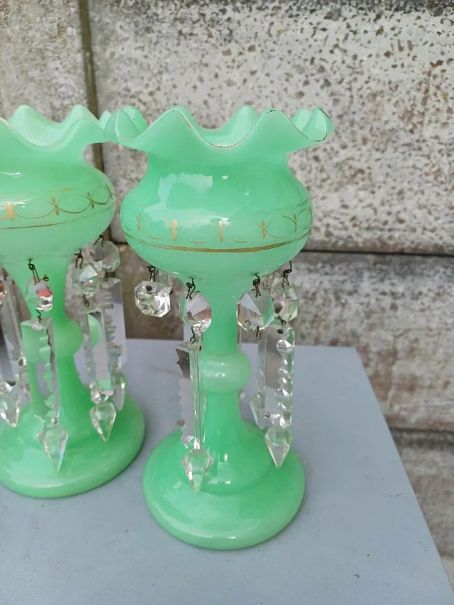 Victorian Green Uranium Glass Lustre Vases  - Image 2