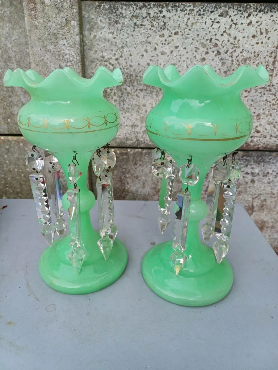 Victorian Green Uranium Glass Lustre Vases  - Image 3