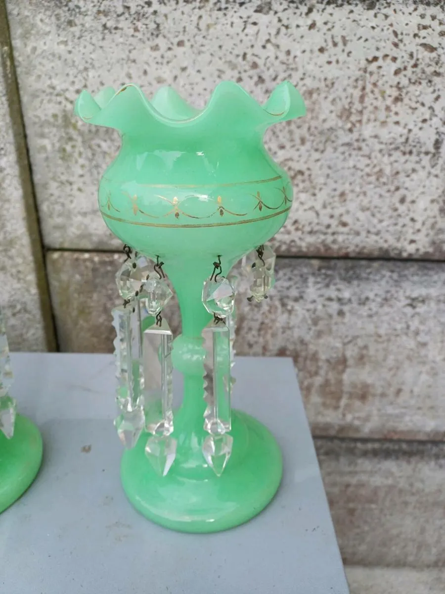 Victorian Green Uranium Glass Lustre Vases  - Image 4