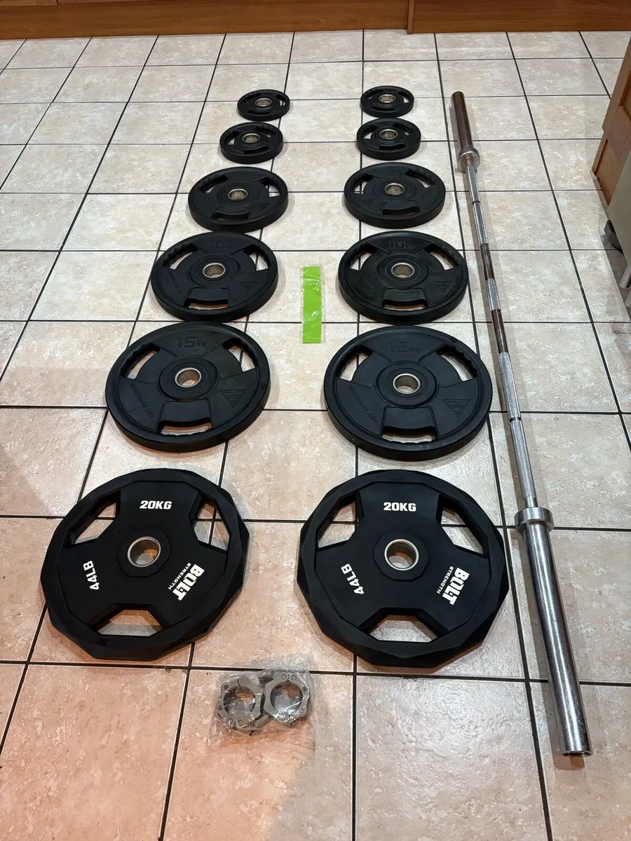 HIGH END URETHANE OLYMPIC WEIGHTS + BAR SET!! - Image 1