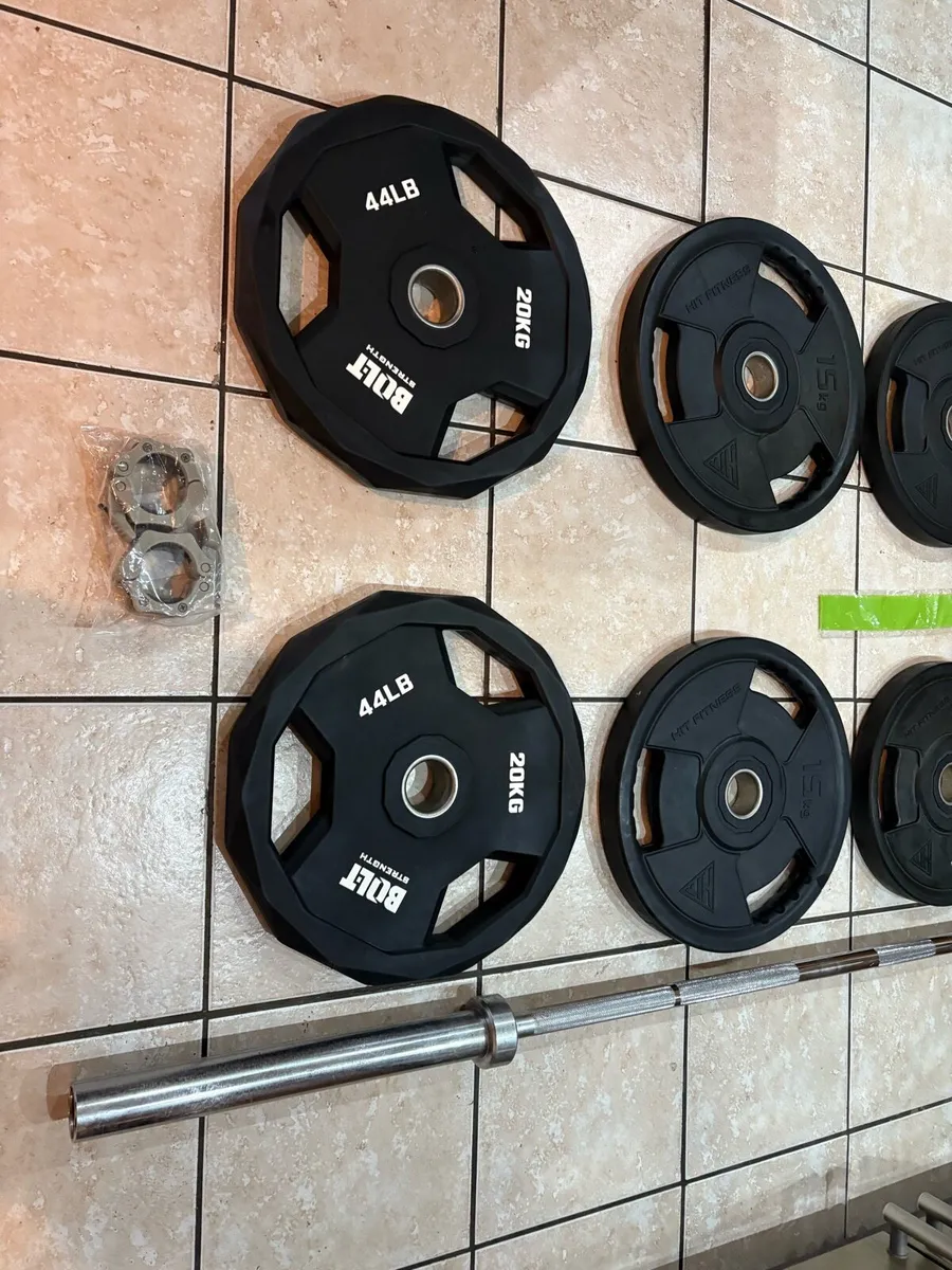 HIGH END URETHANE OLYMPIC WEIGHTS + BAR SET!! - Image 2