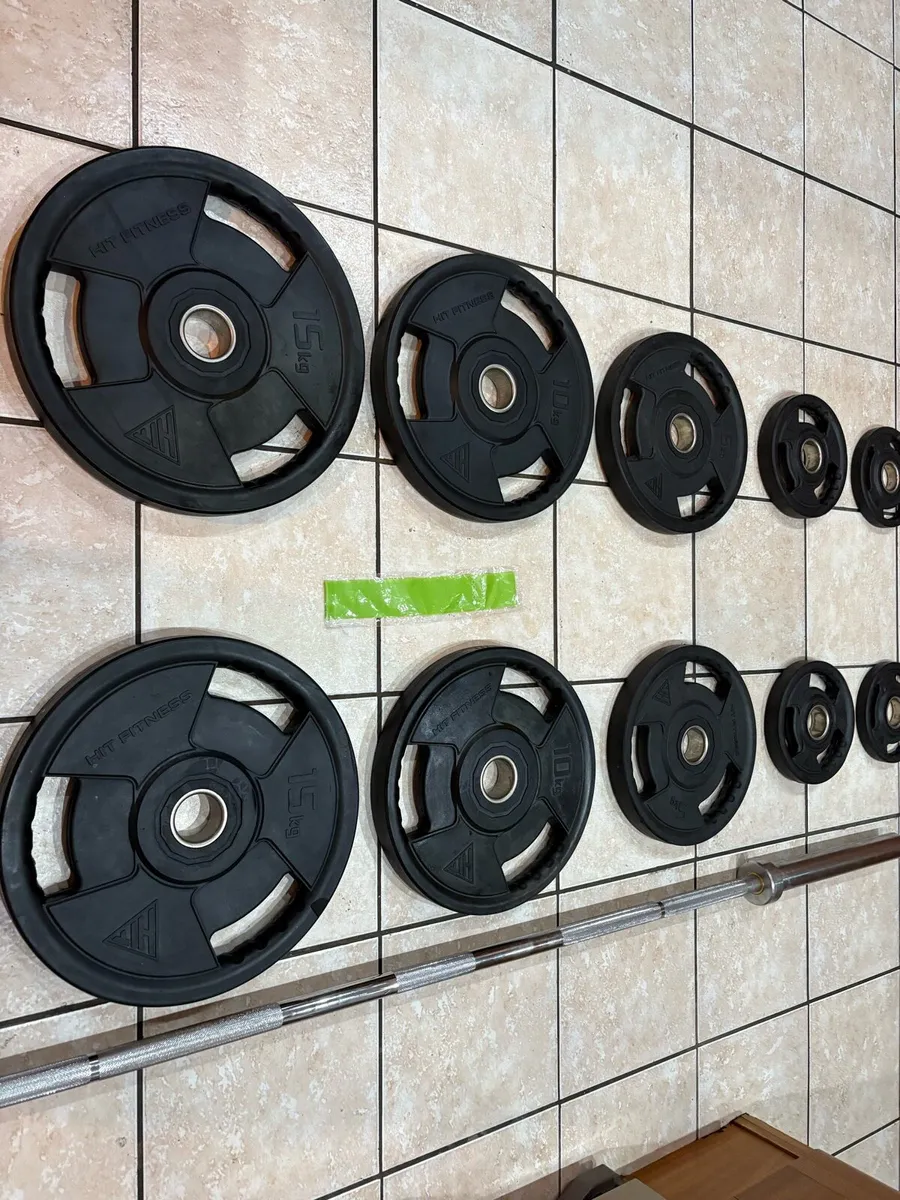HIGH END URETHANE OLYMPIC WEIGHTS + BAR SET!! - Image 3