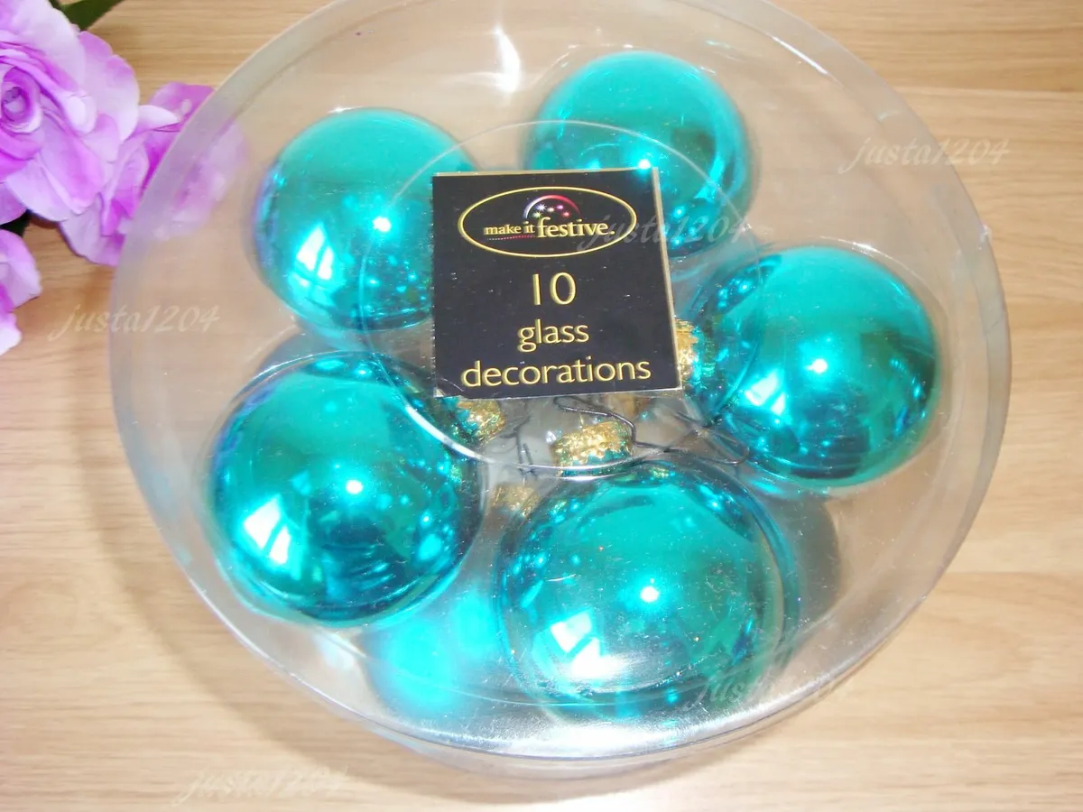 Teal glass baubles Christmas decorations set of 10 - Image 1