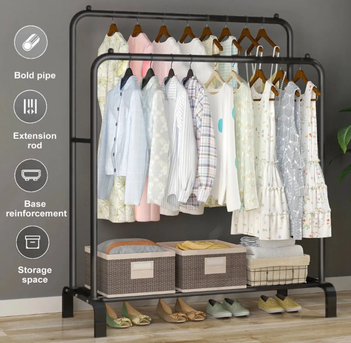 Metal Double Clothes Rail with Shelf - Image 1