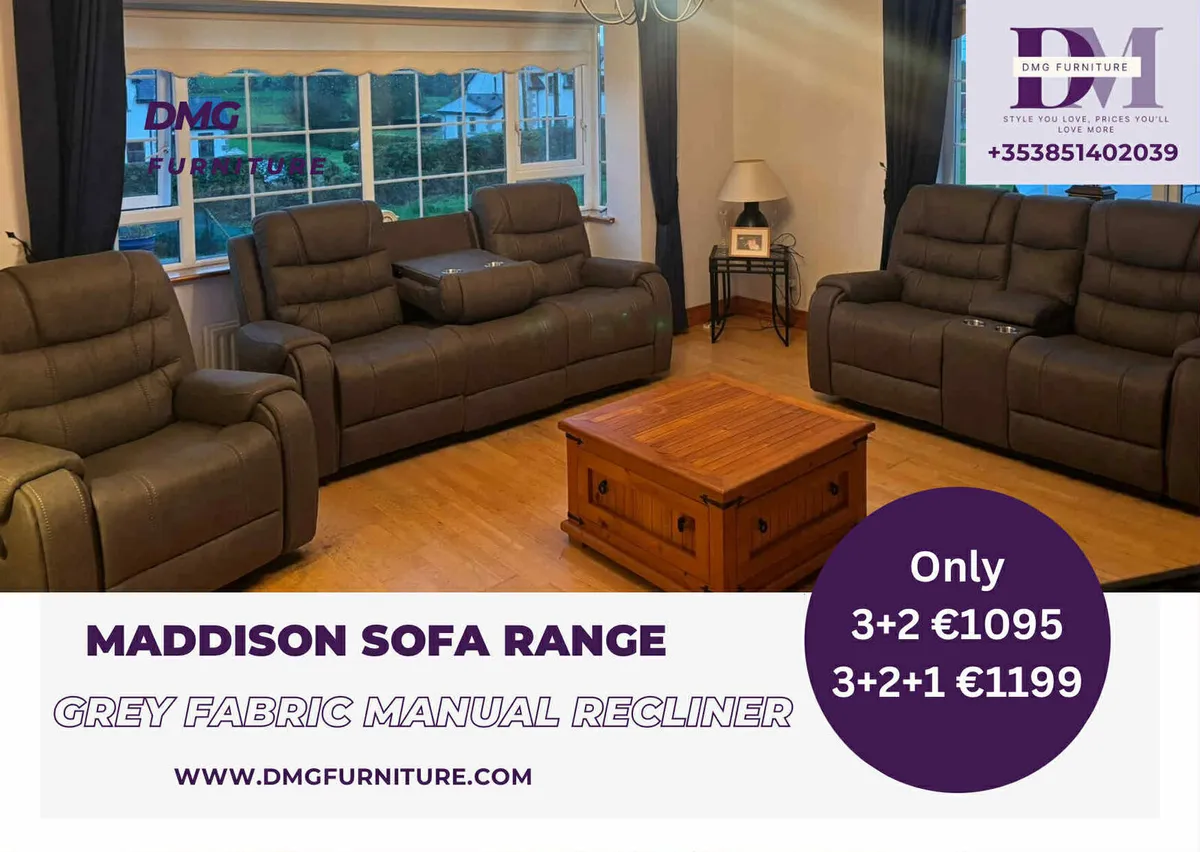 New 3+2+1 Maddison Grey Fabric Recliner Sofa - Image 1