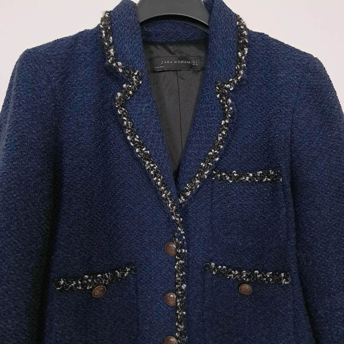 Zara Navy Blue Cropped Tweed Jacket Size M - Image 4