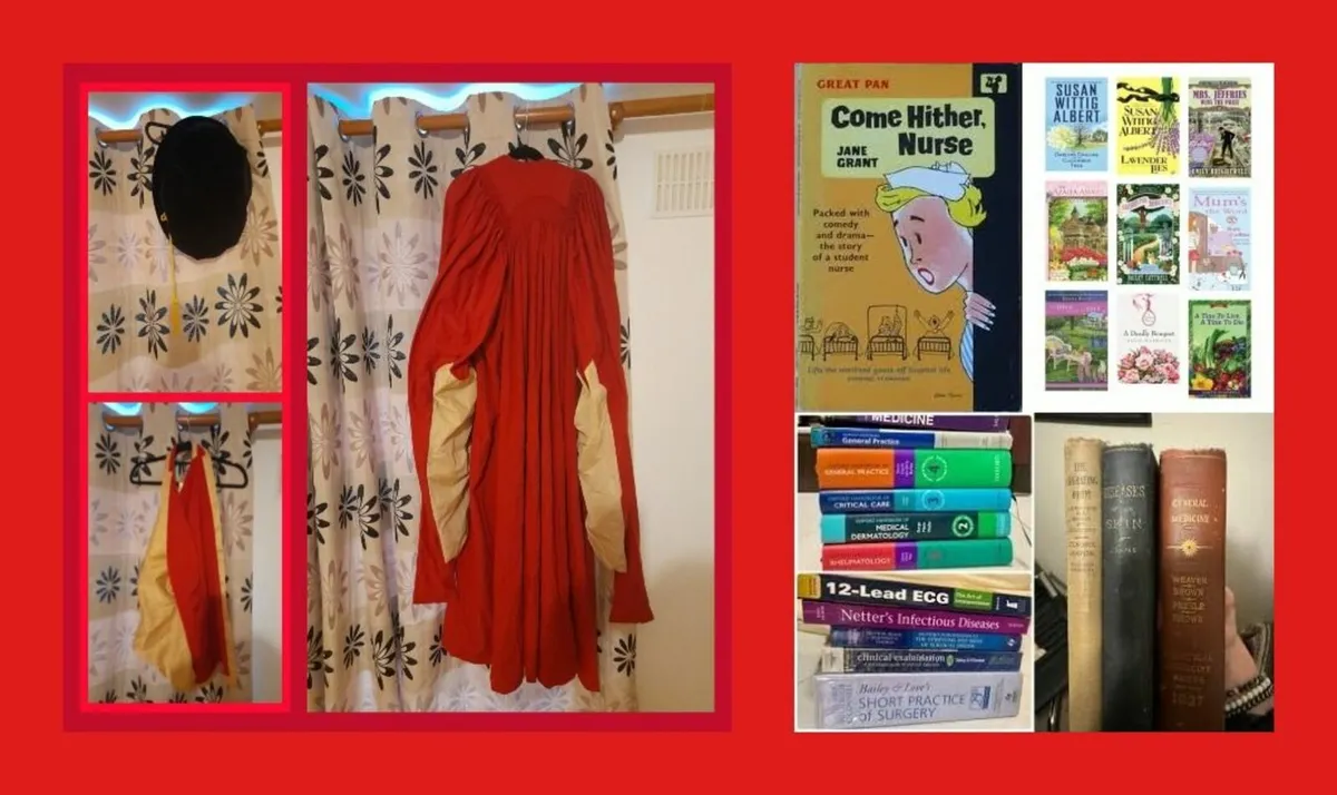 Vintage Antique PhD Academic Robe Cap Hood & Books - Image 1